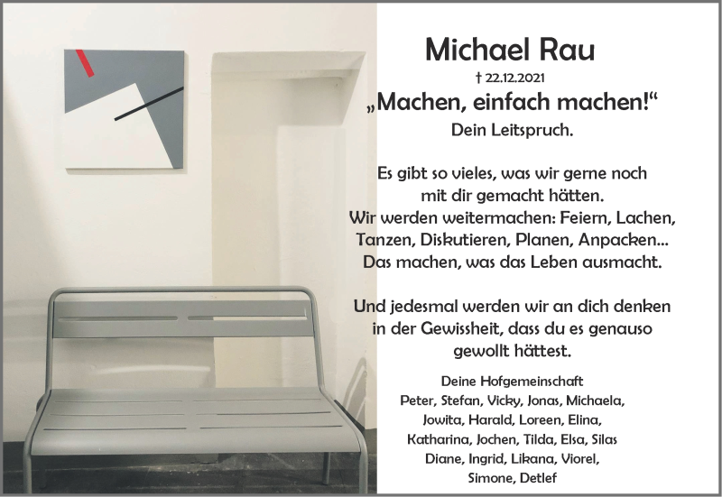  Traueranzeige für Michael Rau vom 31.12.2021 aus Aachener Zeitung / Aachener Nachrichten