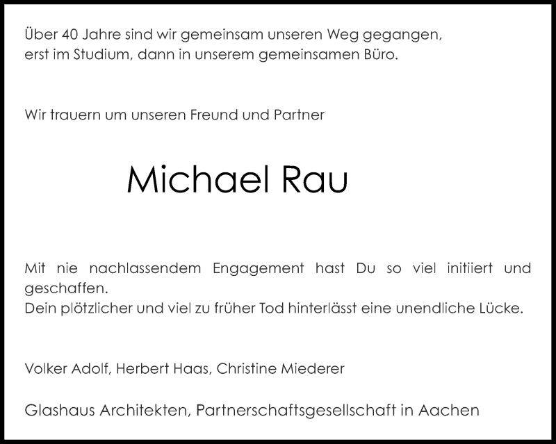  Traueranzeige für Michael Rau vom 29.12.2021 aus Aachener Zeitung / Aachener Nachrichten