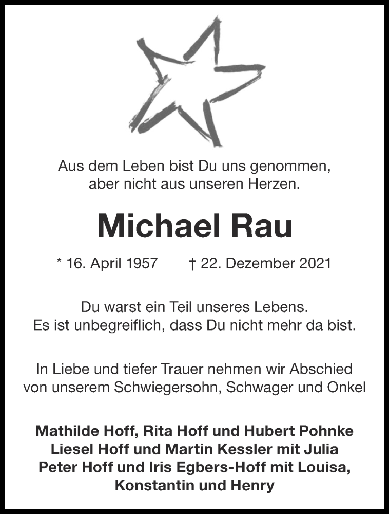  Traueranzeige für Michael Rau vom 29.12.2021 aus Aachener Zeitung / Aachener Nachrichten