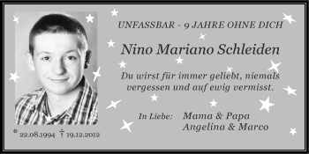 Traueranzeige von Nino Mariano Schleiden von Zeitung am Sonntag