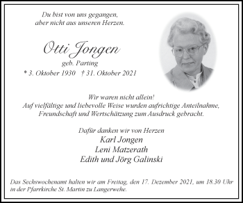 Traueranzeige von Otti Jongen von Zeitung am Sonntag