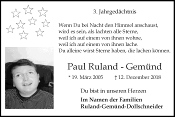 Traueranzeige von Paul Ruland-Gemünd von Zeitung am Sonntag