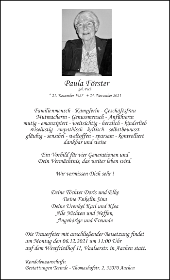 Traueranzeige von Paula Förster von Aachener Zeitung / Aachener Nachrichten