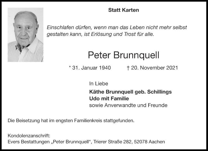  Traueranzeige für Peter Brunnquell vom 18.12.2021 aus Aachener Zeitung / Aachener Nachrichten