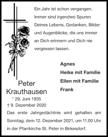 Traueranzeige von Peter Krauthausen von Zeitung am Sonntag