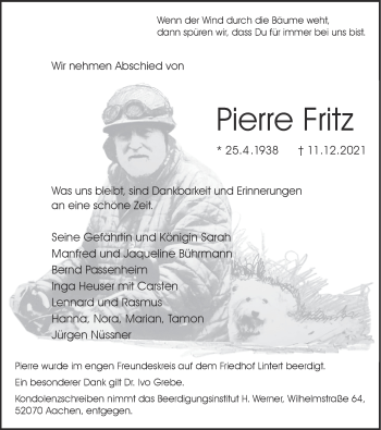 Traueranzeige von Pierre Fritz von Zeitung am Sonntag