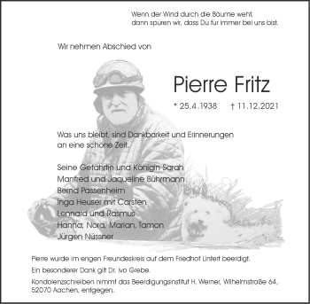 Traueranzeige von Pierre Fritz von Aachener Zeitung / Aachener Nachrichten