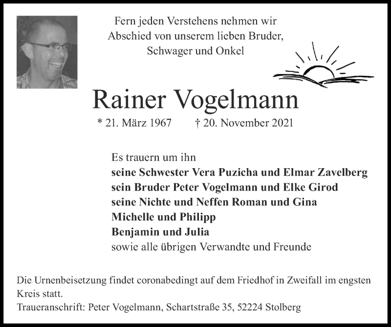  Traueranzeige für Rainer Vogelmann vom 12.12.2021 aus Zeitung am Sonntag