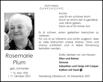 Traueranzeige von Rosemarie Plum von Zeitung am Sonntag