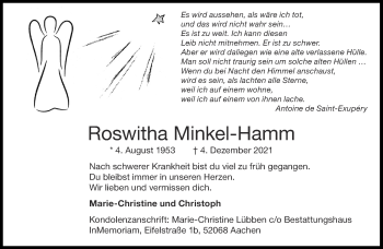 Traueranzeige von Roswitha Minkel-Hamm von Aachener Zeitung / Aachener Nachrichten