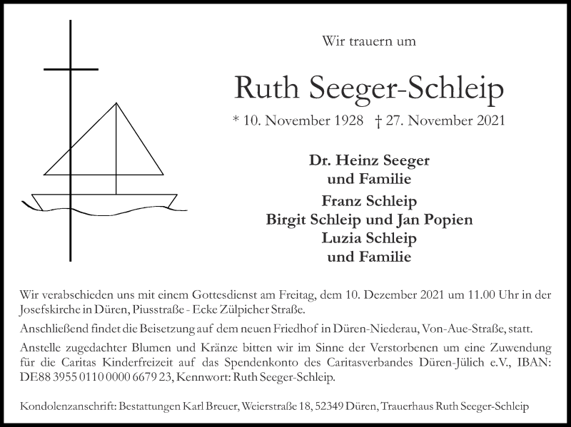  Traueranzeige für Ruth Seeger-Schleip vom 05.12.2021 aus Zeitung am Sonntag
