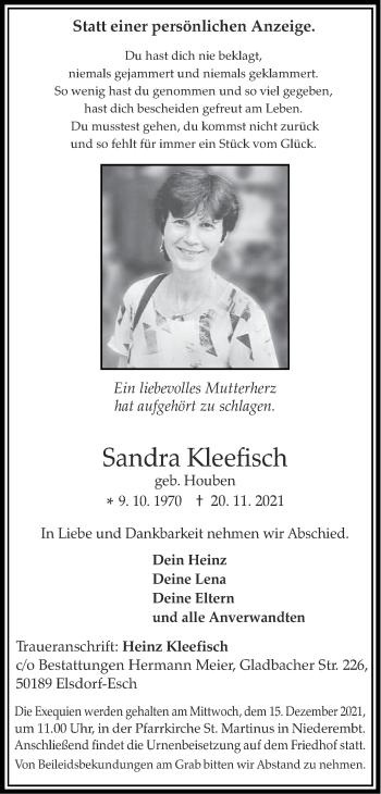 Traueranzeige von Sandra Kleefisch von Aachener Zeitung / Aachener Nachrichten