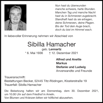 Traueranzeige von Sibilla Hamacher von Zeitung am Sonntag