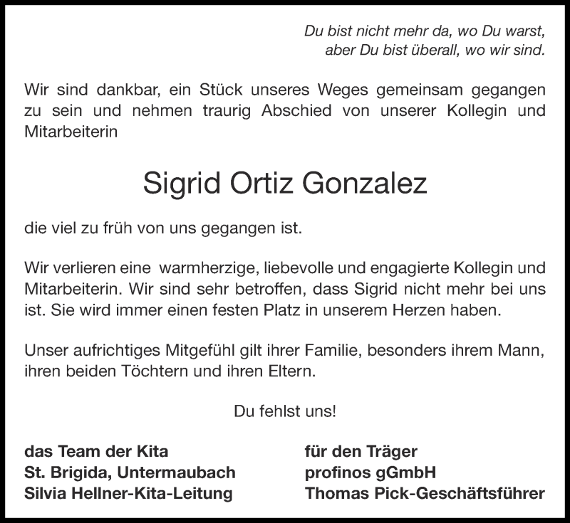  Traueranzeige für Sigrid Ortiz Gonzalez vom 26.12.2021 aus Zeitung am Sonntag