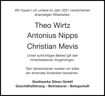 Traueranzeige von Stadtwerke Düren GmbH trauert um  von Zeitung am Sonntag