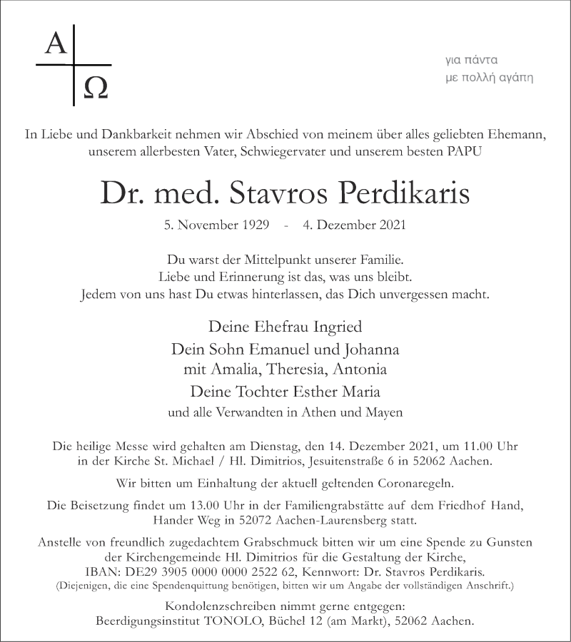  Traueranzeige für Stavros Perdikaris vom 11.12.2021 aus Aachener Zeitung / Aachener Nachrichten