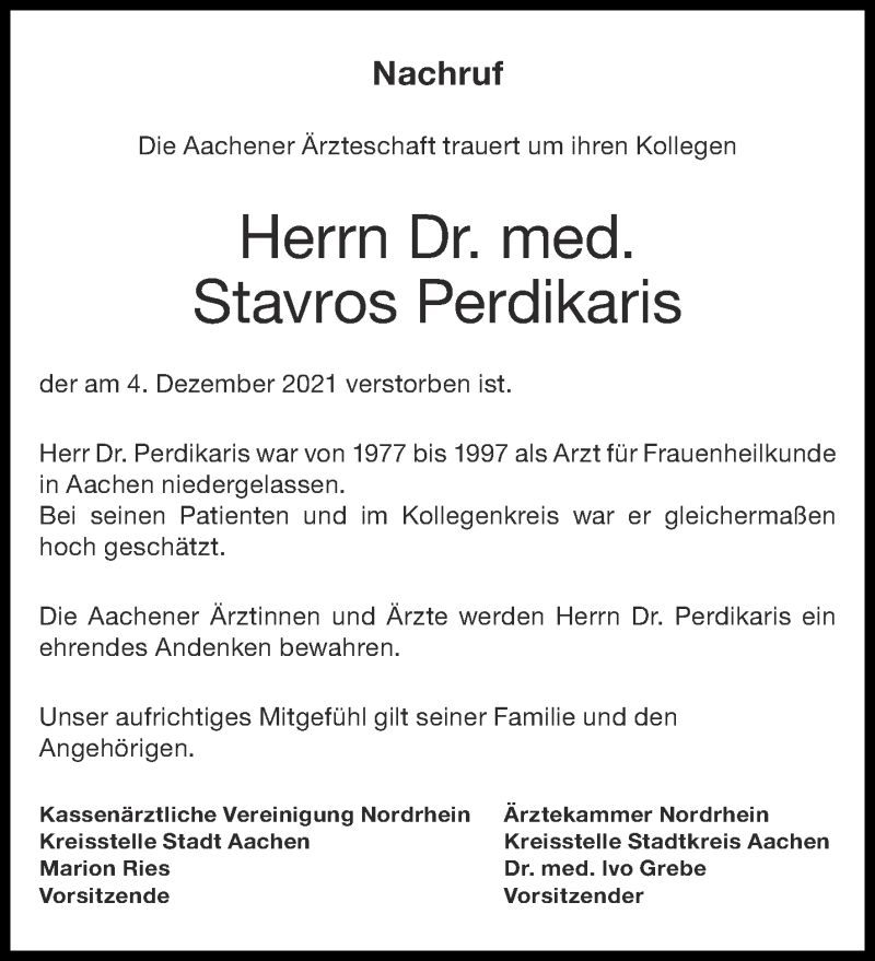  Traueranzeige für Stavros Perdikaris vom 18.12.2021 aus Aachener Zeitung / Aachener Nachrichten