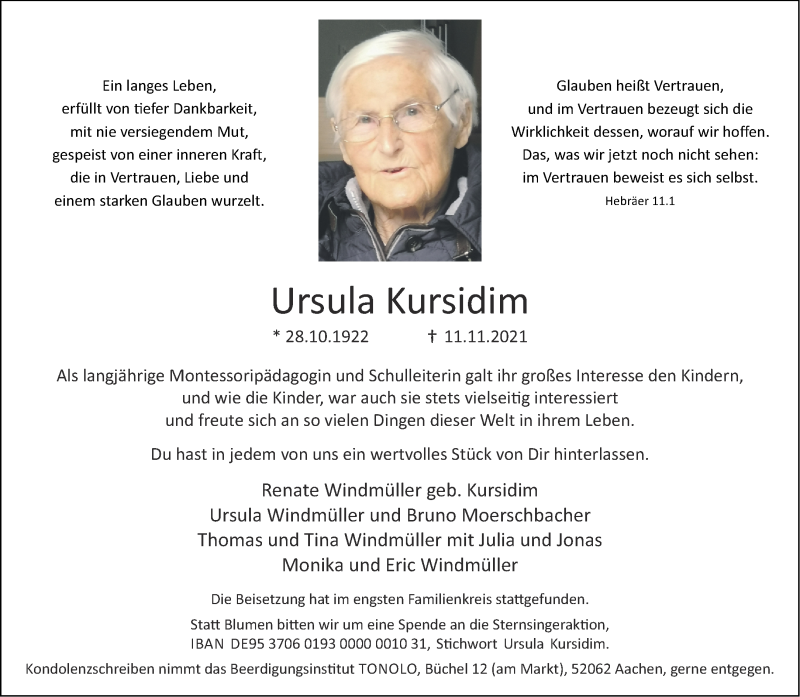  Traueranzeige für Ursula Kursidim vom 11.12.2021 aus Aachener Zeitung / Aachener Nachrichten
