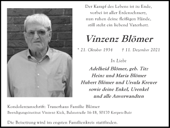 Traueranzeige von Vinzenz Blömer von Zeitung am Sonntag