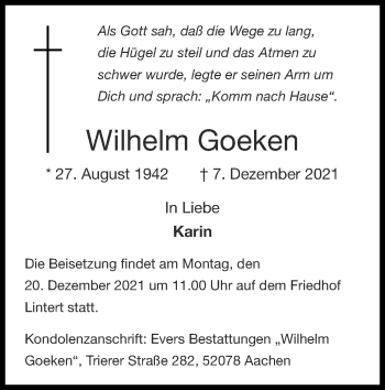 Traueranzeige von Wilhelm Goeken von Zeitung am Sonntag