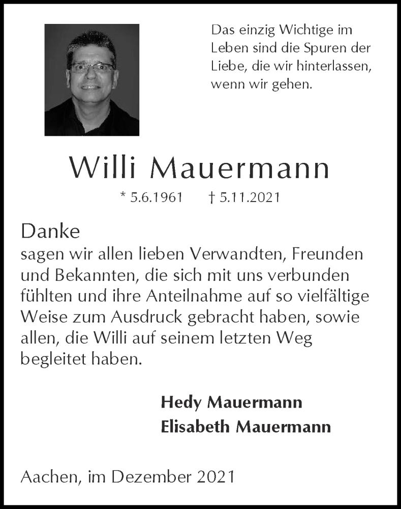  Traueranzeige für Willi Mauermann vom 05.12.2021 aus Zeitung am Sonntag