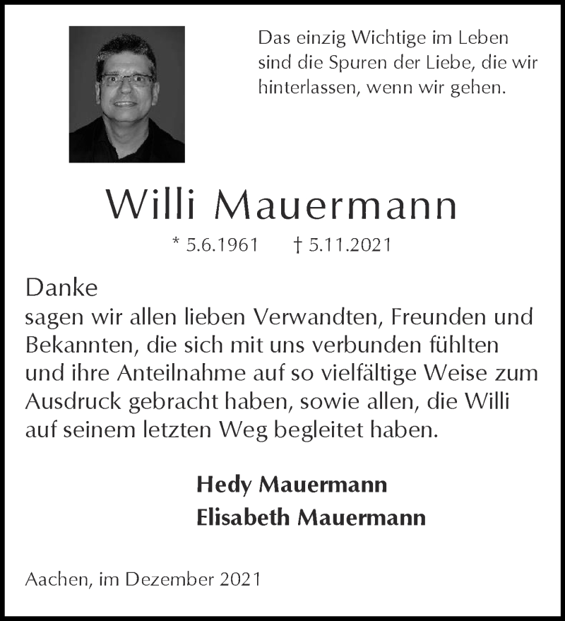  Traueranzeige für Willi Mauermann vom 04.12.2021 aus Aachener Zeitung / Aachener Nachrichten