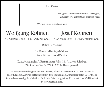 Traueranzeige von Wolfgang Kohnen von Zeitung am Sonntag