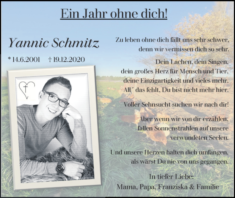  Traueranzeige für Yannic Schmitz vom 19.12.2021 aus Zeitung am Sonntag