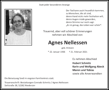 Traueranzeige von Agnes Nellessen von Zeitung am Sonntag