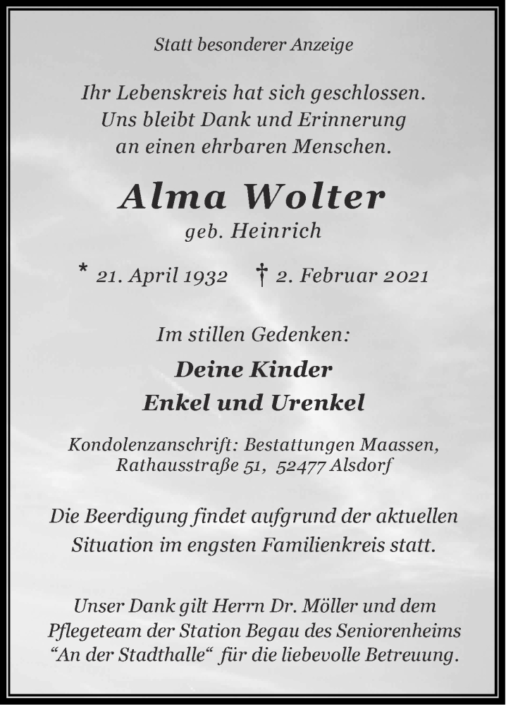  Traueranzeige für Alma Wolter vom 07.02.2021 aus Zeitung am Sonntag