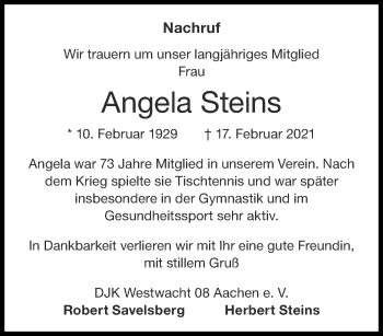 Traueranzeige von Angela Steins von Aachener Zeitung / Aachener Nachrichten