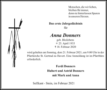 Traueranzeige von Anna Donners von Zeitung am Sonntag