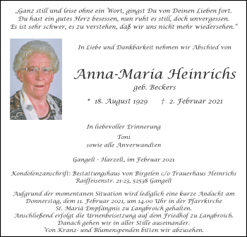 Traueranzeige von Anna-Maria Heinrichs von Zeitung am Sonntag