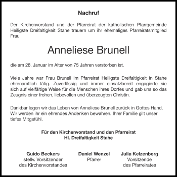Traueranzeige von Anneliese Brunell von Zeitung am Sonntag