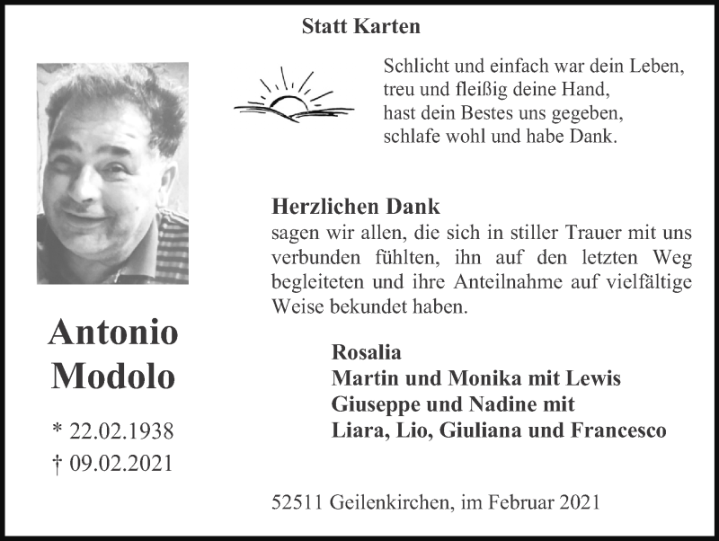  Traueranzeige für Antonio Modolo vom 28.02.2021 aus Zeitung am Sonntag