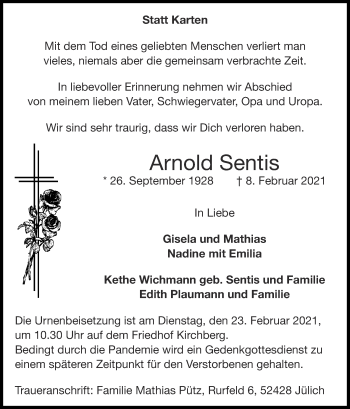 Traueranzeige von Arnold Sentis von Zeitung am Sonntag