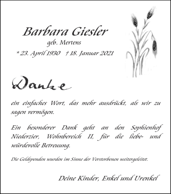 Traueranzeige von Barbara Giesler von Zeitung am Sonntag