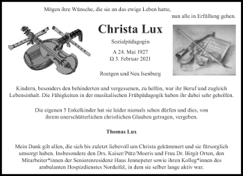 Traueranzeige von Christa Lux von Aachener Zeitung / Aachener Nachrichten