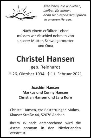 Traueranzeige von Christel Hansen von Zeitung am Sonntag