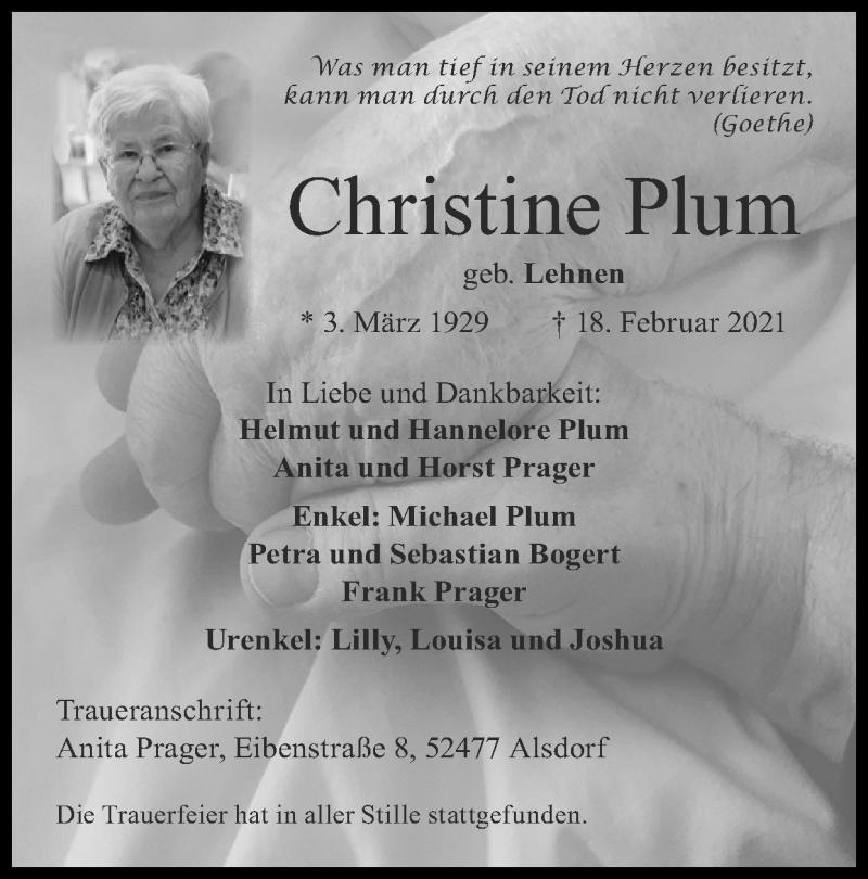  Traueranzeige für Christine Plum vom 28.02.2021 aus Zeitung am Sonntag