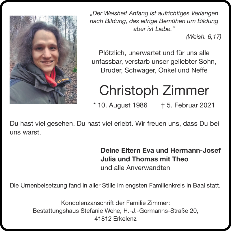  Traueranzeige für Christoph Zimmer vom 28.02.2021 aus Zeitung am Sonntag