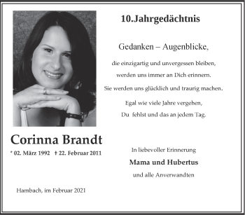 Traueranzeige von Corinna Brandt von Zeitung am Sonntag