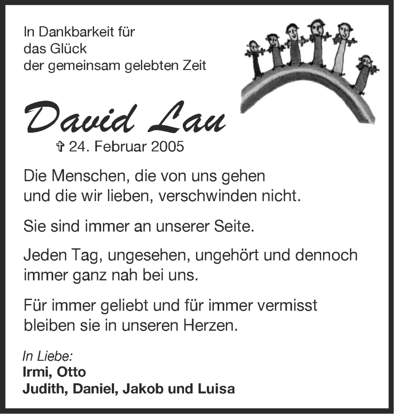  Traueranzeige für David Lau vom 21.02.2021 aus Zeitung am Sonntag