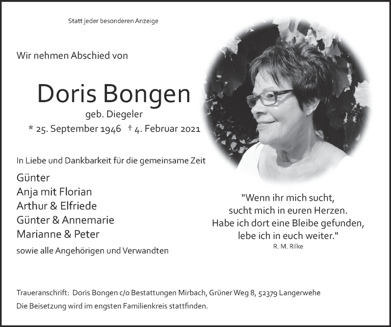  Traueranzeige für Doris Bongen vom 14.02.2021 aus Zeitung am Sonntag