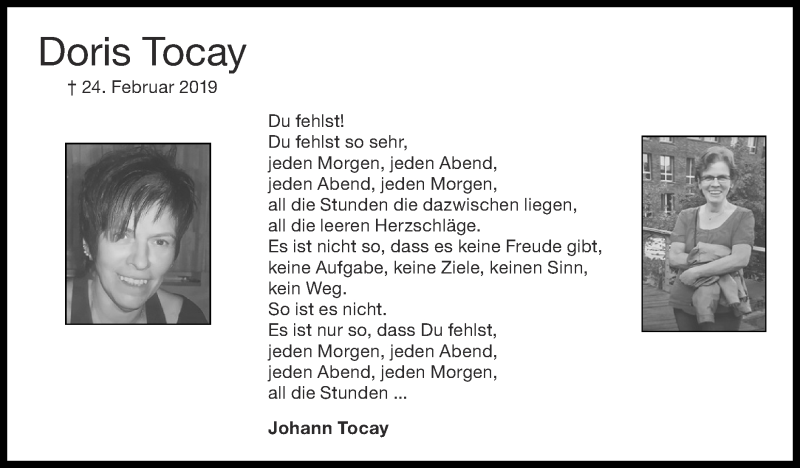  Traueranzeige für Doris Tocay vom 28.02.2021 aus Zeitung am Sonntag