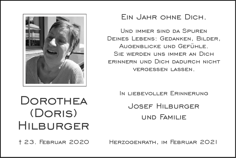  Traueranzeige für Dorothea Hilburger vom 28.02.2021 aus Zeitung am Sonntag
