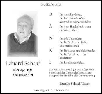 Traueranzeige von Eduard Schaaf von Zeitung am Sonntag