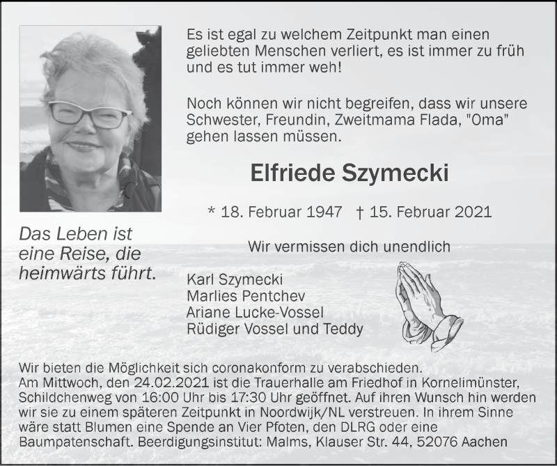  Traueranzeige für Elfriede Szymecki vom 21.02.2021 aus Zeitung am Sonntag