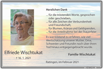 Traueranzeige von Elfriede Wischtukat von Zeitung am Sonntag