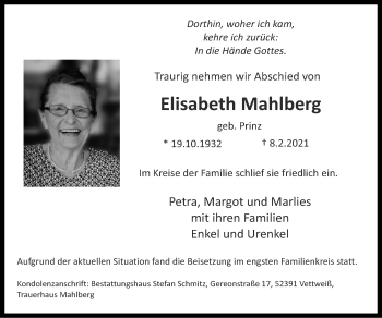 Traueranzeige von Elisabeth Mahlberg von Zeitung am Sonntag